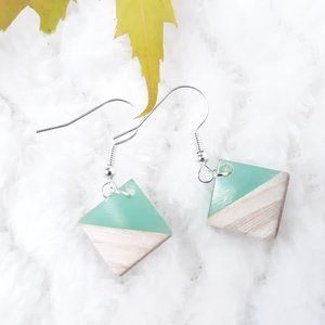 Handmade Opaque Turquoise Resin & Walnut Earrings Hypo-Allergenic Silver Tone